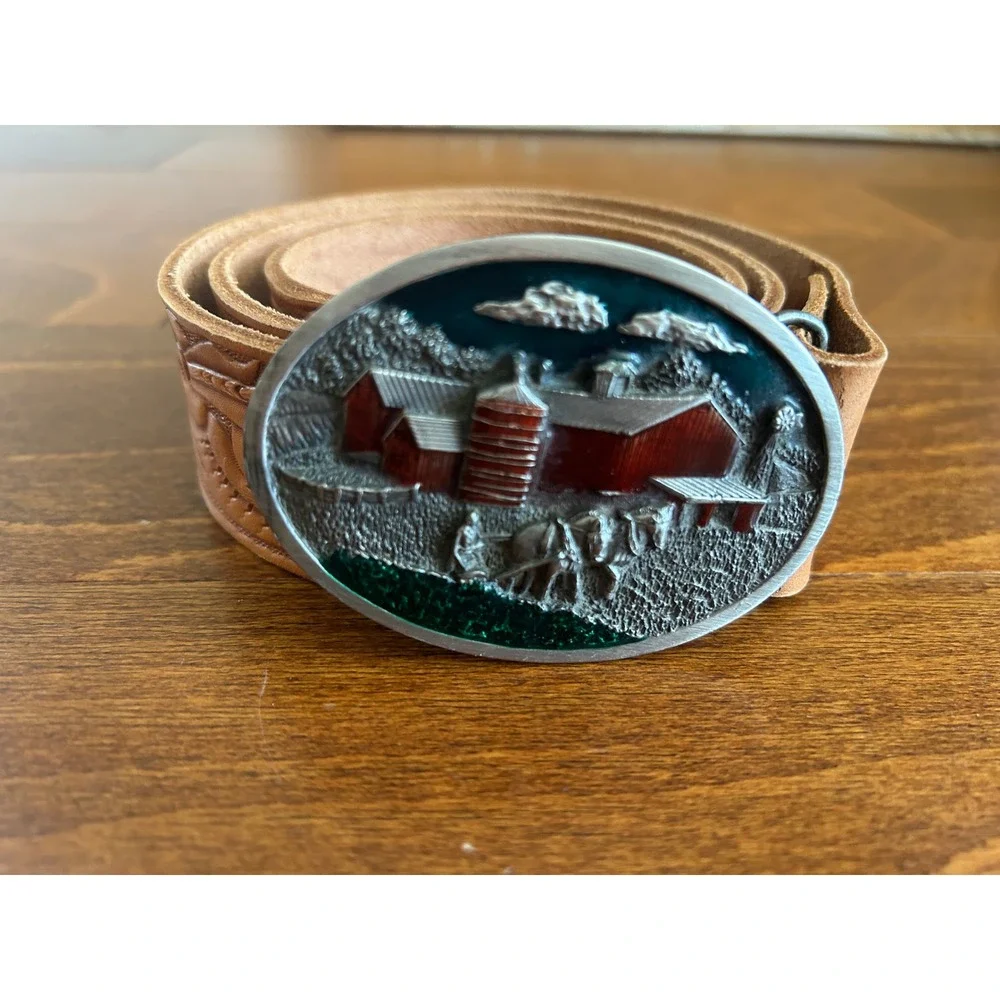 Vintage 1984 Bergamot Brass Works Farm Horse‎ Belt Buckle Tooled Leather Tan